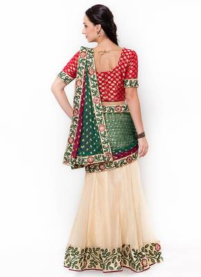 Cream Embroidered Net Saree With Blouse 3