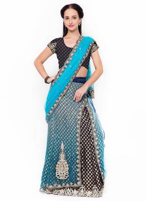 Blue Embroidered Net Saree With Blouse 1