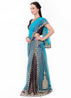 Blue Embroidered Net Saree With Blouse 2