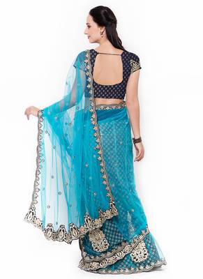 Blue Embroidered Net Saree With Blouse 3