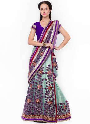 Blue Embroidered Net Saree With Blouse 1