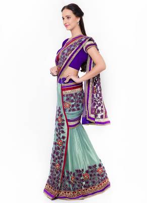 Blue Embroidered Net Saree With Blouse 2