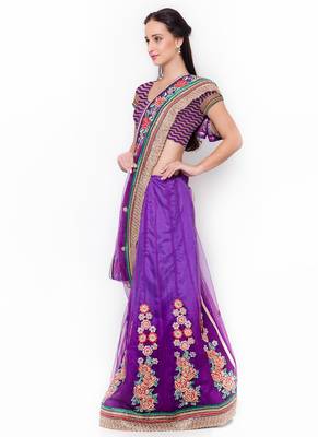 Purple Embroidered Net Saree With Blouse 2