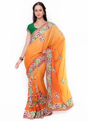 Orange Embroidered Jacquard Saree With Blouse 1