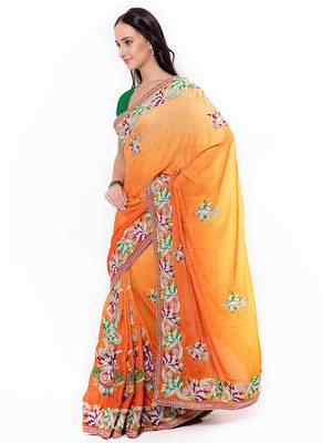 Orange Embroidered Jacquard Saree With Blouse 2