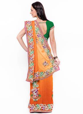 Orange Embroidered Jacquard Saree With Blouse 3