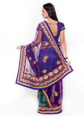 Violet Embroidered Net Saree With Blouse 3
