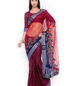 Red Embroidered Net Saree With Blouse