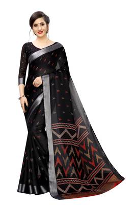 Black printed cotton saree with blouse 1