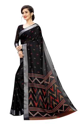 Black printed cotton saree with blouse 3
