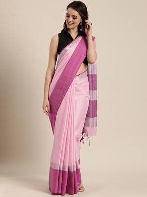 Baby pink woven linen saree with blouse 1