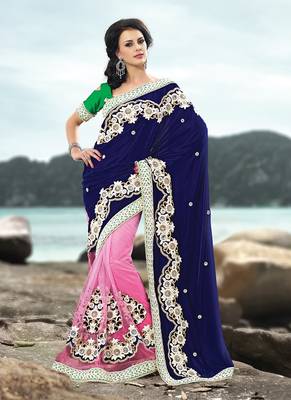 Blue Embroidered Velvet Saree With Blouse 1