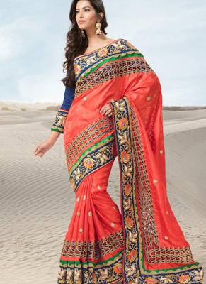 Orange Embroidered Jacquard Saree With Blouse 1