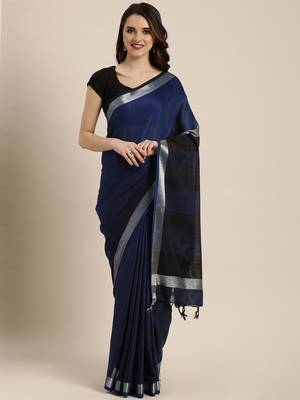 Navy blue woven linen saree with blouse 1