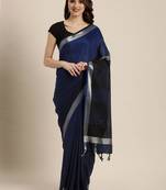 Navy blue woven linen saree with blouse