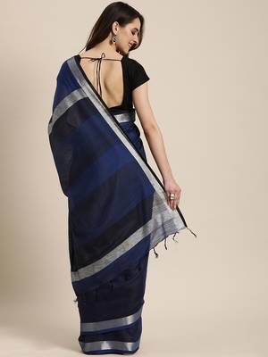 Navy blue woven linen saree with blouse 2