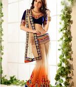 Beige Embroidered Net Saree With Blouse
