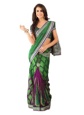 Green Embroidered Net Saree With Blouse 1