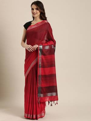 Red woven linen saree with blouse 1