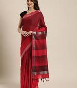 Red woven linen saree with blouse