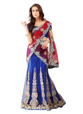 Blue Embroidered Net Saree With Blouse 1