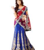 Blue Embroidered Net Saree With Blouse