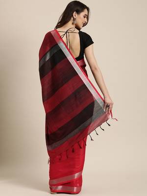 Red woven linen saree with blouse 2