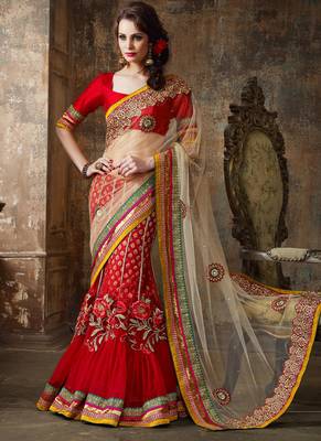 Red Embroidered Net Saree With Blouse 1