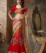 Red Embroidered Net Saree With Blouse