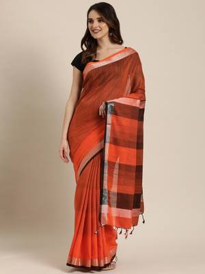 Orange woven linen saree with blouse 1