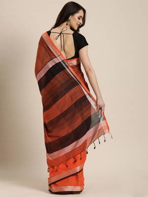 Orange woven linen saree with blouse 2