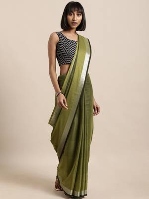 Green woven linen saree with blouse 1