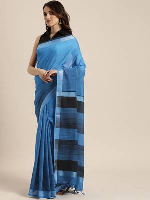   sky blue woven linen saree with blouse 1