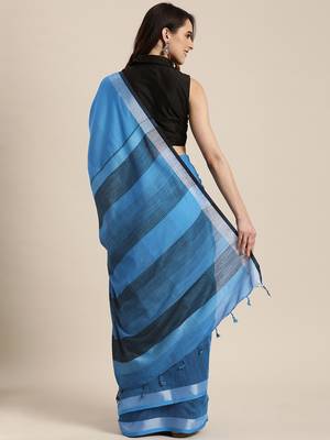   sky blue woven linen saree with blouse 2