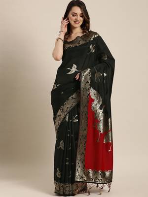 Black woven silk blend saree with blouse 1