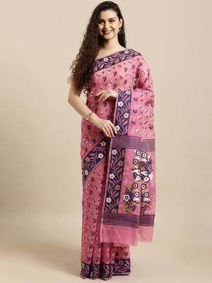 Pink Woven Cotton Silk Saree With Blouse 1