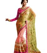 Green Embroidered Net Saree With Blouse