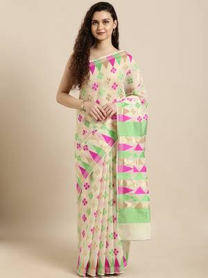 Cream Woven Cotton Silk Saree With Blouse 1