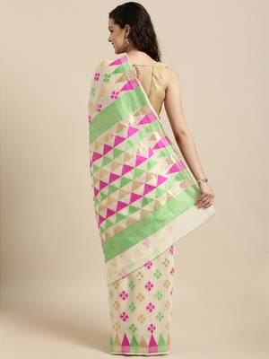 Cream Woven Cotton Silk Saree With Blouse 2