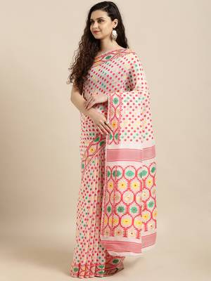 White Woven Cotton Silk Saree With Blouse 1