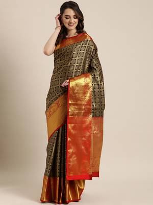 Black woven silk blend saree with blouse 1