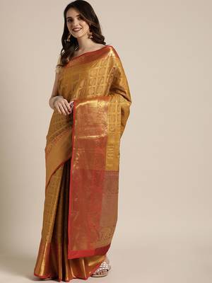 Mustard woven silk blend saree with blouse 1