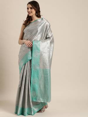 Silver woven silk blend saree with blouse 1