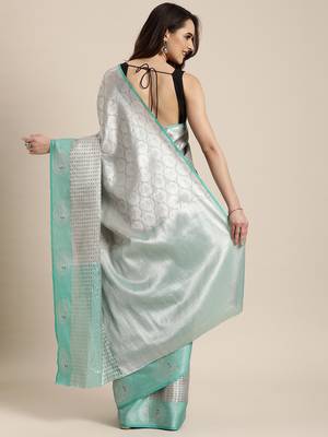 Silver woven silk blend saree with blouse 2