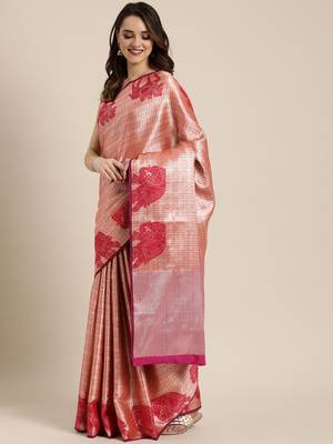 Peach woven silk blend saree with blouse 1