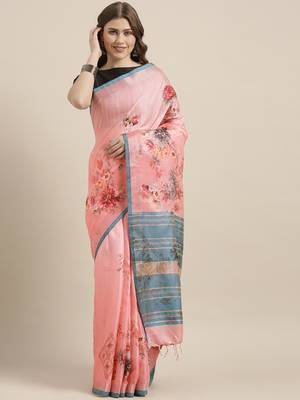 Peach woven linen saree with blouse 1