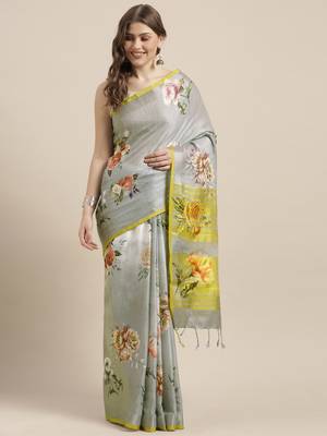 Grey woven linen saree with blouse 1