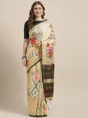 Yellow woven linen saree with blouse 1