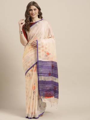 Cream woven linen saree with blouse 1