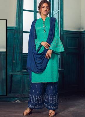 Turquoise Satin Pakistani Salwar Kameez 1
